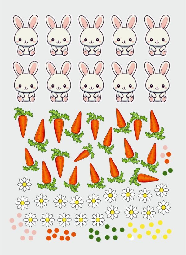Nature Bunny Sticker Set | UV DTF – Rabbit, Carrots, Floral Accents & Dots