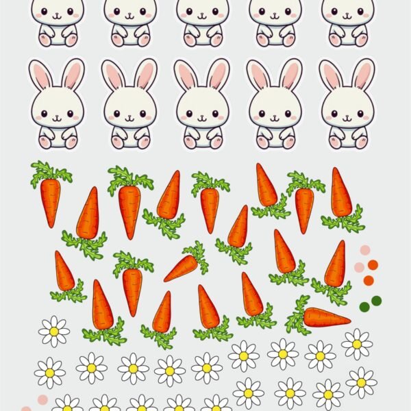 Nature Bunny Sticker Set | UV DTF – Rabbit, Carrots, Floral Accents & Dots