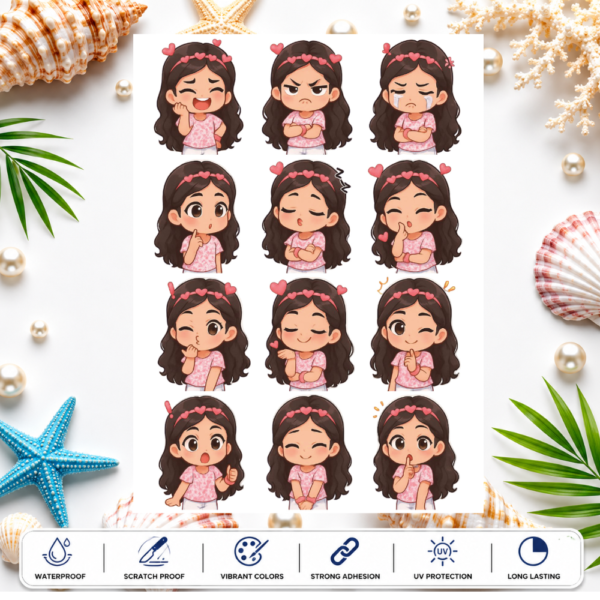 Cute Cartoon Girl UV DTF Stickers Sheet for Mugs, Bottles & Gifts