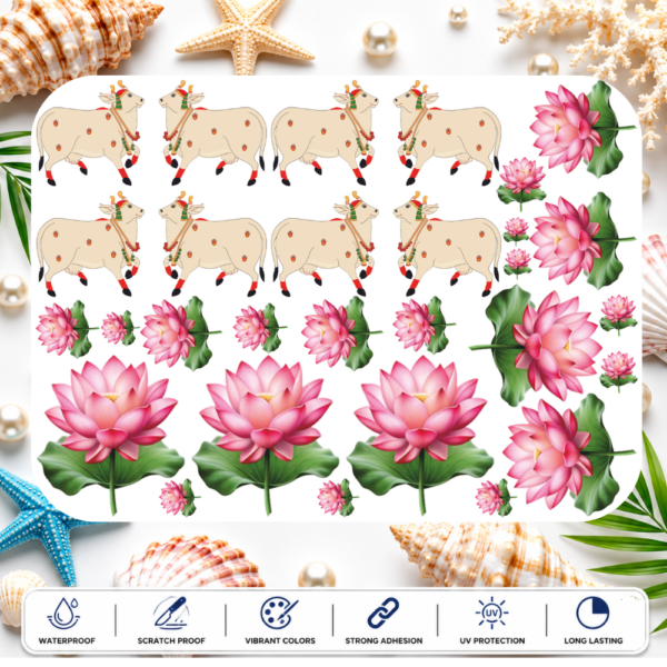 Kamdhenu Cow and Lotus UV DTF Sticker for Main Door Vastu Home Entrance Decor