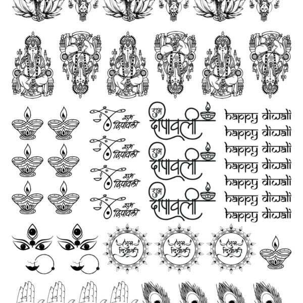 Laxmi-Ganesh, Deepawali Quotes, Feather, & Diya Diwali EP Metal Stickers Sheets 90 & 120 Microns✨🔱🕉️📿