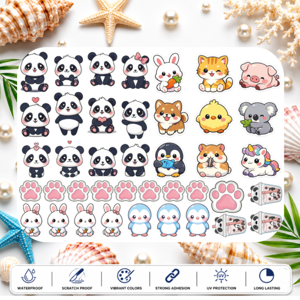 Cute Cartoon Animal Sticker Sheet Panda, Bunny & Penguin UV DTF Stickers
