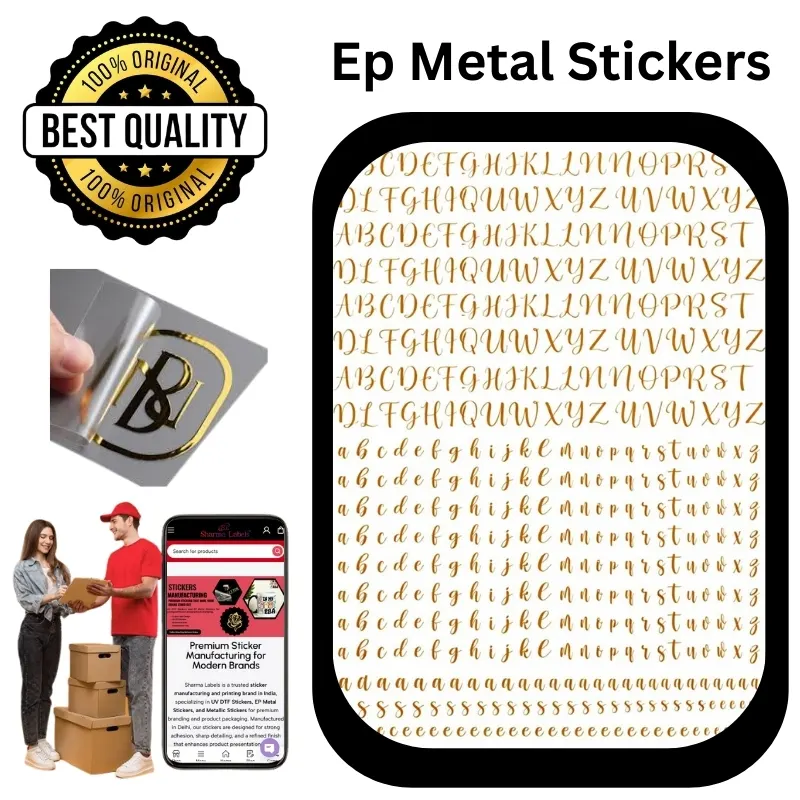 Handwritten alphabet EP metal stickers with metallic lettering design