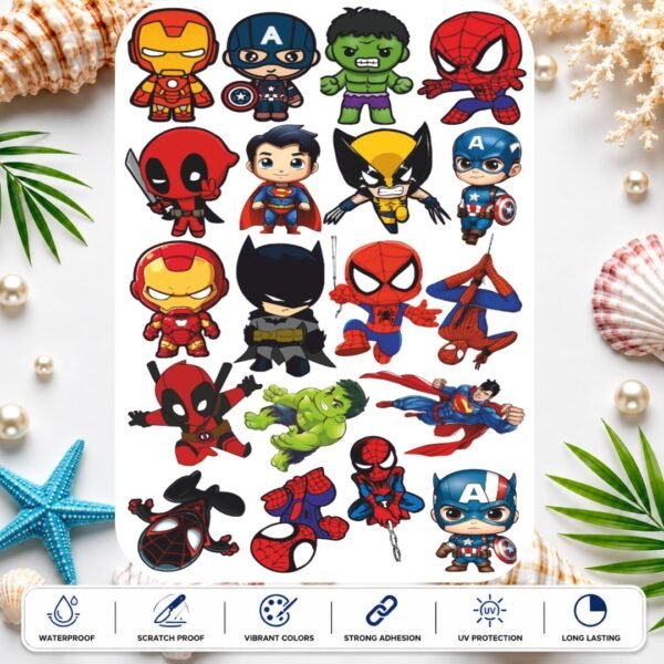 Comic Hero Character UV DTF Stickers – Cute Superhero Style Designs